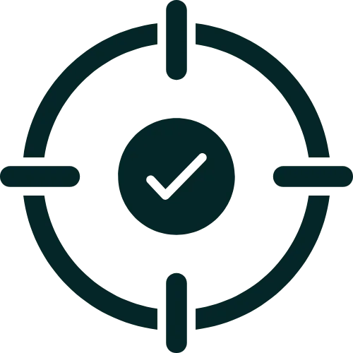 Ícone de precisão com alvo e marca de verificação ao lado do texto 'Engenharia de Precisão' e descrição 'Projeto 3D e monitoramento sísmico em tempo real', representando serviços avançados da GRD para fragmentação controlada de rochas.