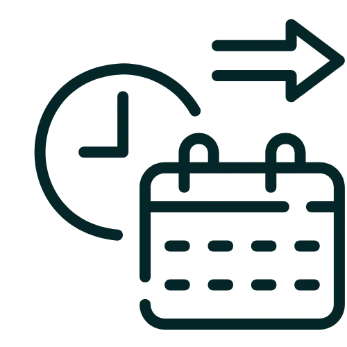 Ícone de agendamento e prazo com relógio, calendário e seta indicando continuidade, representando planejamento e cronograma preciso nos serviços de demolição de rochas da GRD.