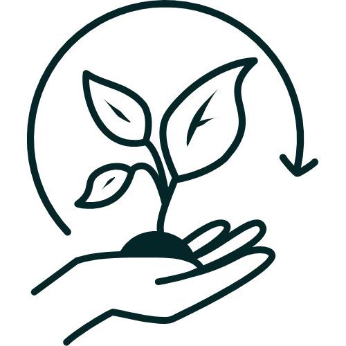 Ícone de sustentabilidade com mão segurando planta e seta circular, representando compromisso ambiental da GRD na demolição de rochas com práticas sustentáveis.